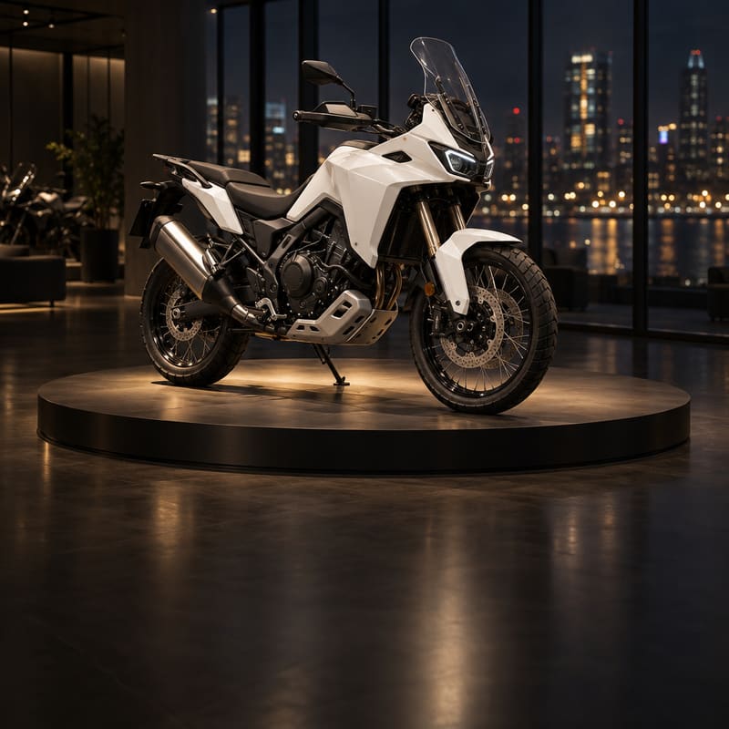 A white adventure-touring motorcycle on a lit round display stand in a dark showroom, city lights through the glass behind (AI-generated image)