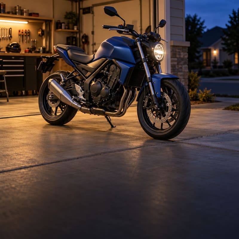 A freshly washed blue naked motorcycle parked in an open home garage at dusk, warm light spilling onto the driveway (AI-generated image)