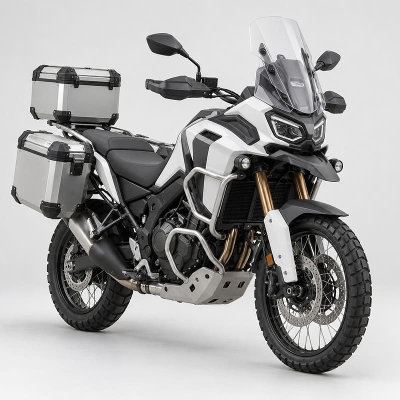 A tall white adventure motorcycle with spoked wheels and aluminium panniers on a light grey studio background (AI-generated image)