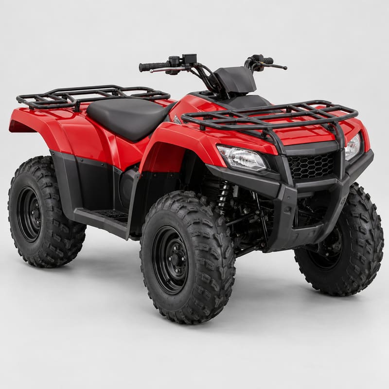 A red four-wheeled farm quad bike with front and rear racks on a light grey studio background (AI-generated image)
