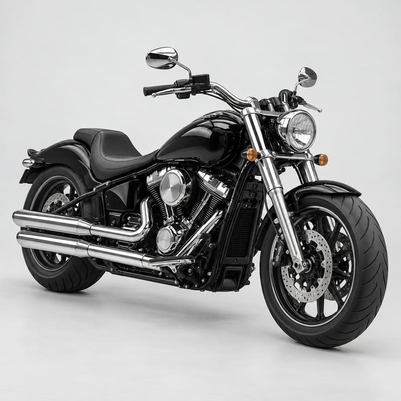 A low black cruiser motorcycle with a chrome V-twin engine on a light grey studio background (AI-generated image)