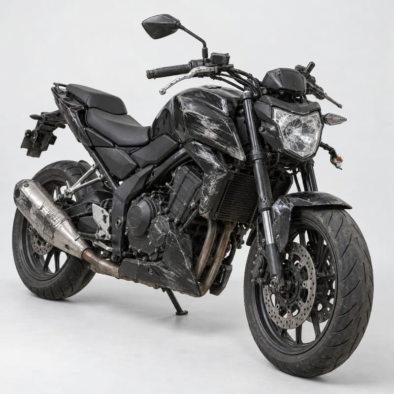 A crash-damaged black naked motorcycle with scraped tank and panels, a cracked headlight and a broken indicator on a light grey studio background (AI-generated image)