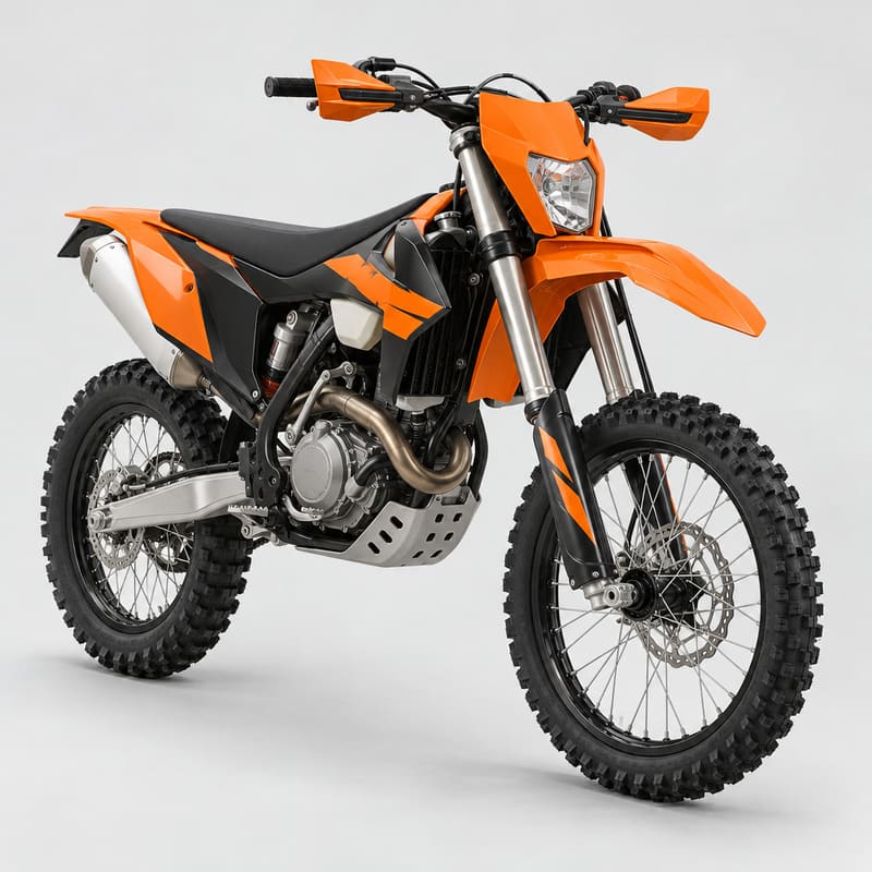 An orange and black enduro dirt bike with knobby tyres on a light grey studio background (AI-generated image)