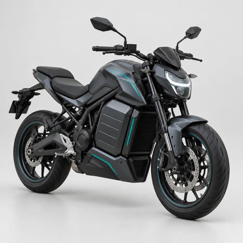 A dark grey electric motorcycle with a battery pack where the engine would be, on a light grey studio background (AI-generated image)