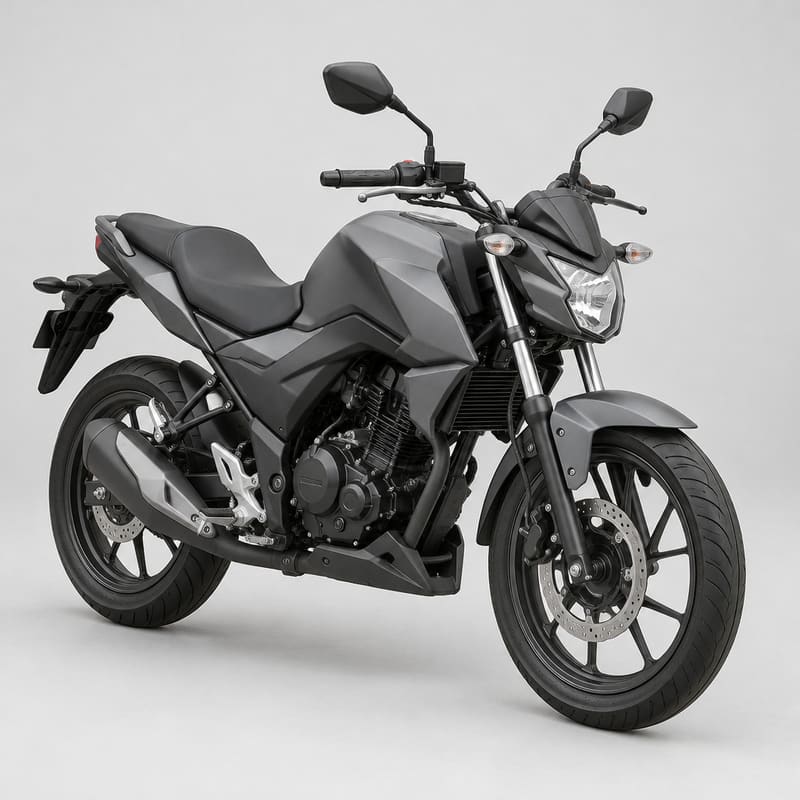 A small grey learner-friendly naked motorcycle on a light grey studio background (AI-generated image)