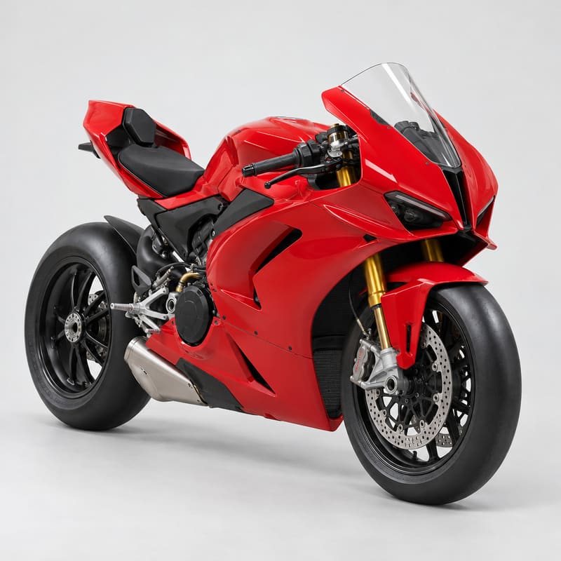 A red fully faired race motorcycle on slick tyres on a light grey studio background (AI-generated image)