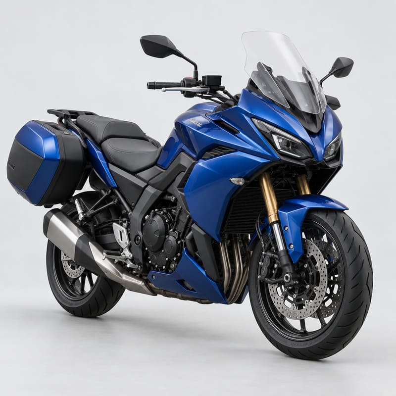 A blue sport touring road motorcycle with panniers on a light grey studio background (AI-generated image)