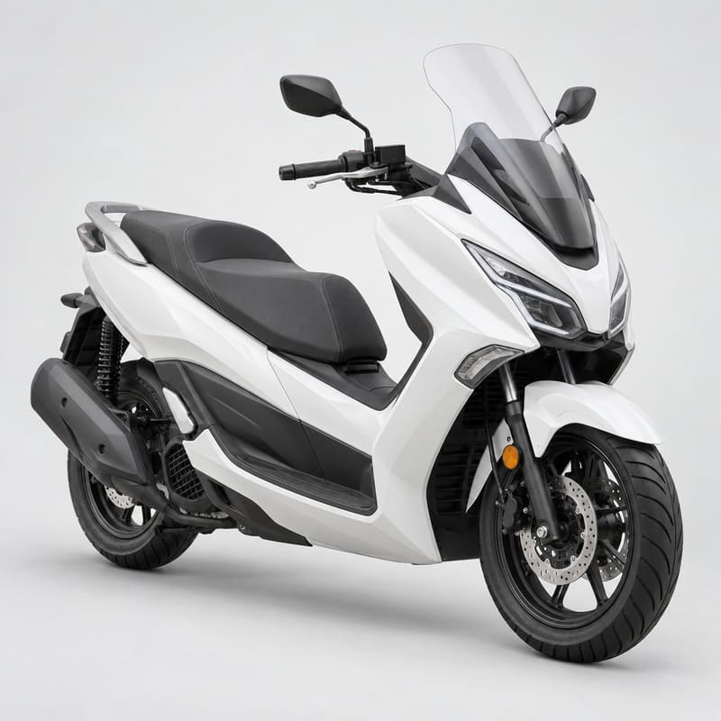 A white maxi-scooter with a step-through frame on a light grey studio background (AI-generated image)